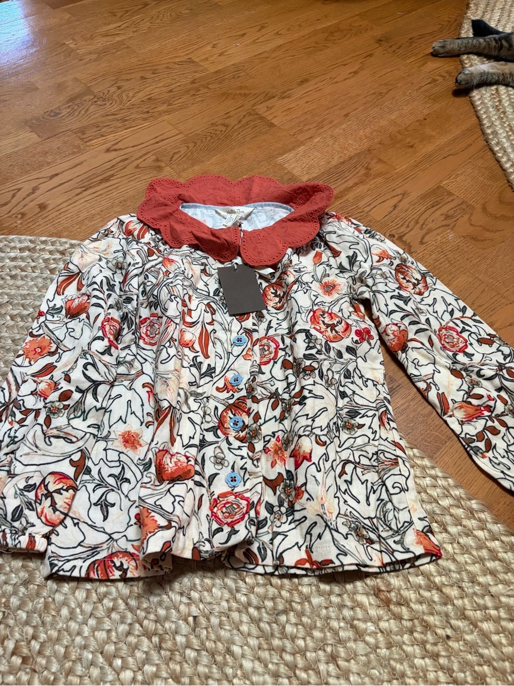 Matilda Jane Cream Floral Top with Coral Scalloped Collar